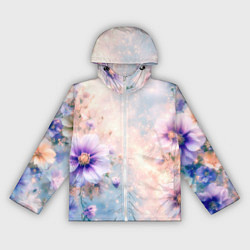 Ветровка с капюшоном женская Нежный голубой цветочный с золотистым свечением, цвет: 3D-белый