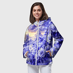 Ветровка с капюшоном женская Сине-сиреневый цветы на фоне облаков, цвет: 3D-белый — фото 2