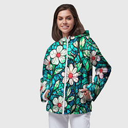Ветровка с капюшоном женская Цветочный сине-зелёный витраж, цвет: 3D-белый — фото 2