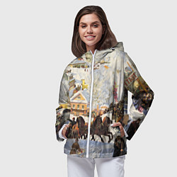 Ветровка с капюшоном женская Русская тройка зимой - картина Масленица Кустодиев, цвет: 3D-белый — фото 2