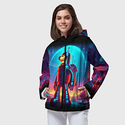 Ветровка с капюшоном женская Космонавт Бендер на неоновой планете, цвет: 3D-черный — фото 2