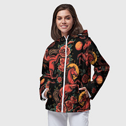 Ветровка с капюшоном женская Красная лошадь с розами, цвет: 3D-белый — фото 2