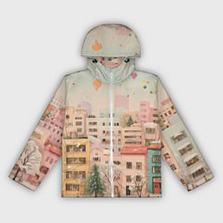 Ветровка с капюшоном женская Объемный новогодний город, цвет: 3D-белый